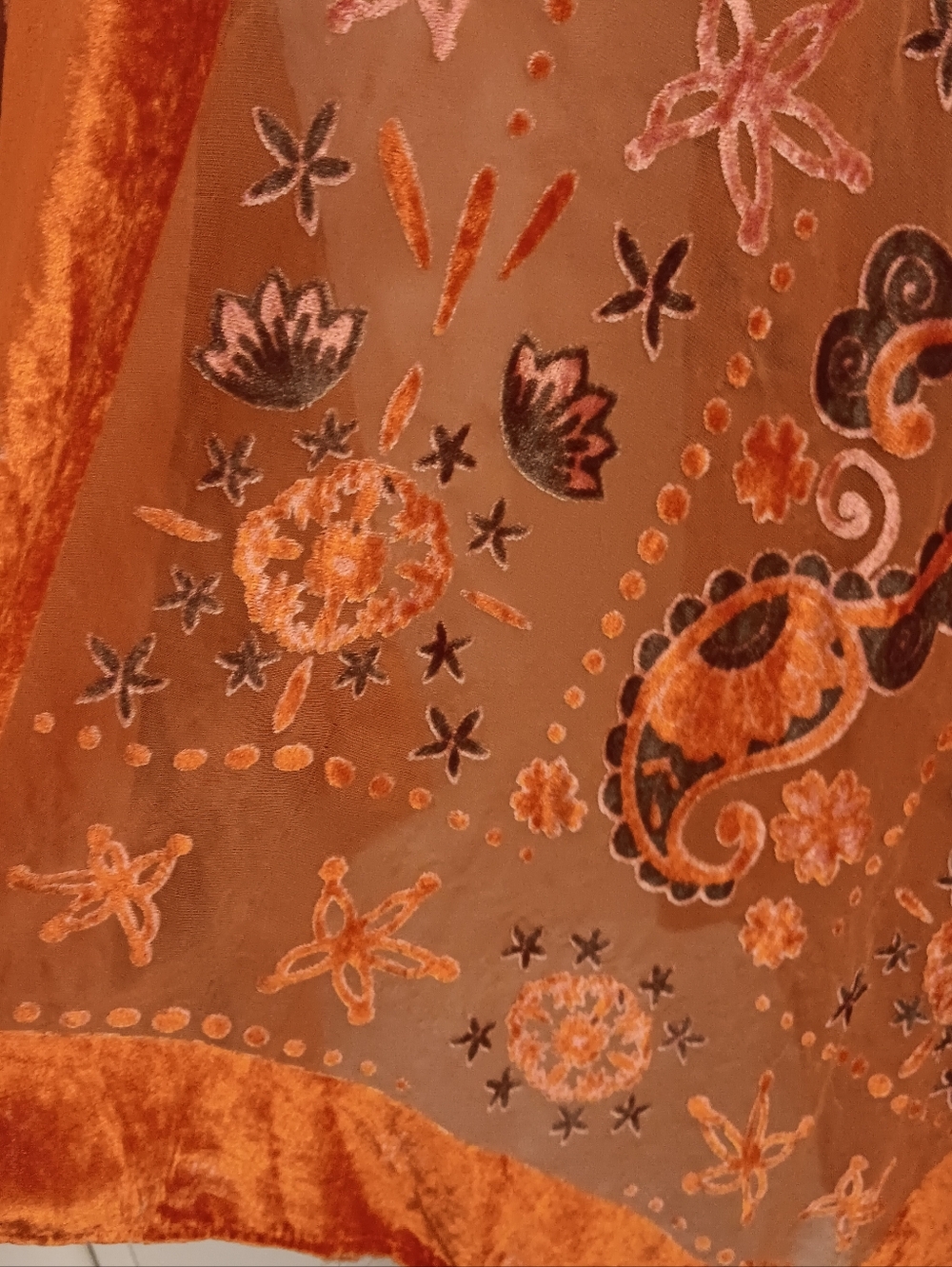 Urban Outfitter Rust Orange Velvet Burnout Floral Kimono Jacket Semi Sheer Boho - Picture 6 of 8